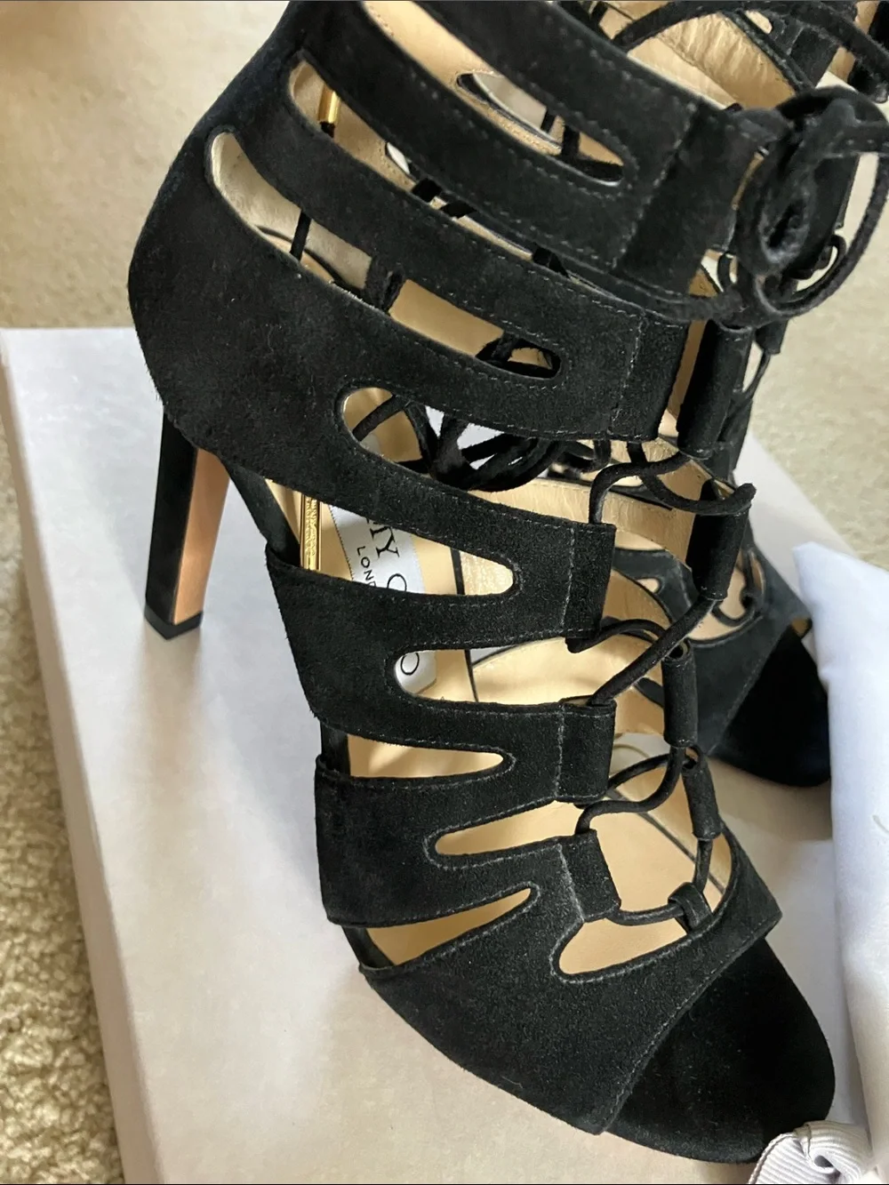 Jimmy Choo Women's Black Suede Lace-Up Cutout High Heel Sandal